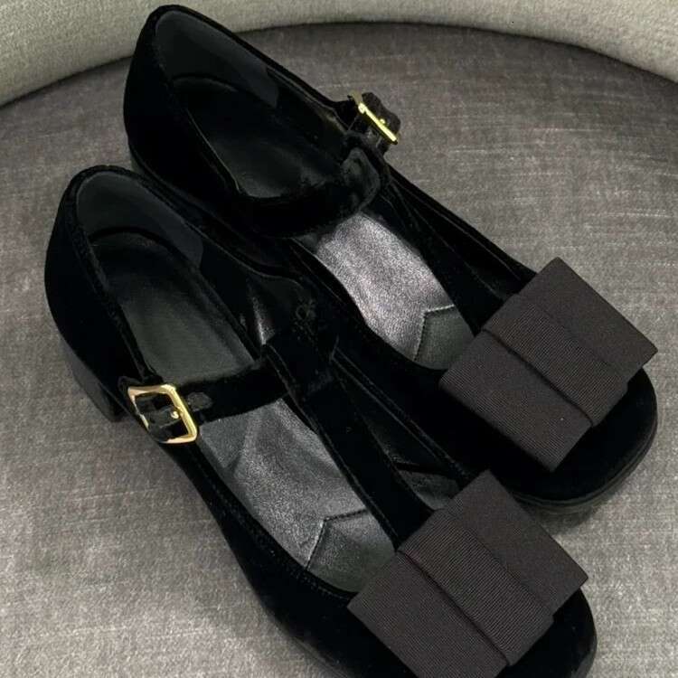 French Style Genuine Leather Square Toe Mary Jane with One-Strap Buckle for Women, Spring and Autumn New Thick Heel T-Strap Bowknot Shoes