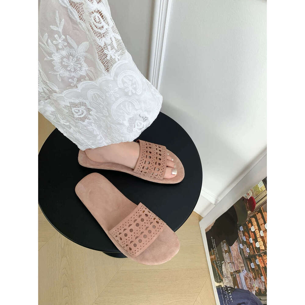 Sheepskin Version ~ Korean Style Laser Carved Hollow Out One-Strap for Women Outdoor 2025 Summer Fashion Flat Sandals
