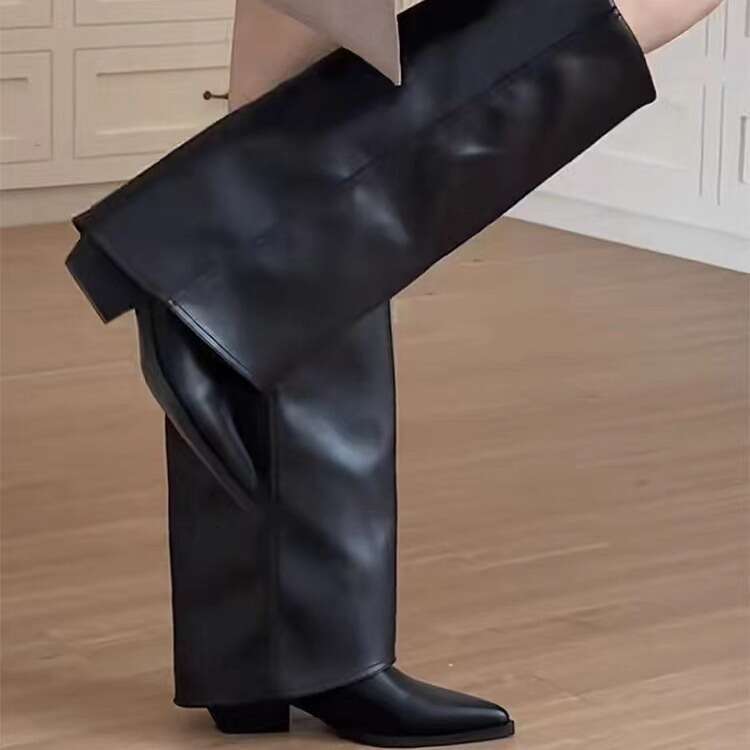 Genuine Leather Pointed Toe Chunky Heel for Women 2024 New Autumn Winter Riding Western Cowboy High Tube Long Boots