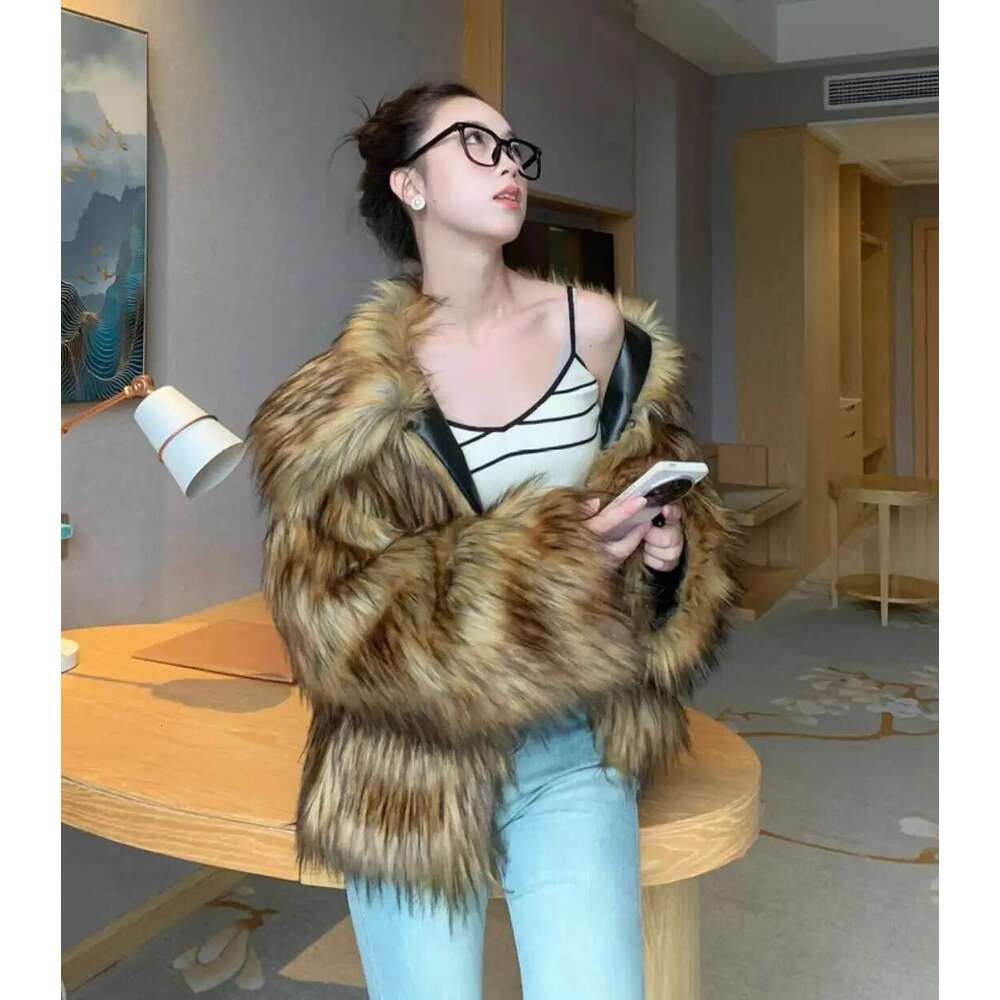 Winter Brown Gradient Long Hairy Shaggy Raccoon Faux Fur Coat Full sleeve Women Big Lapel Furry Loose Outerwear