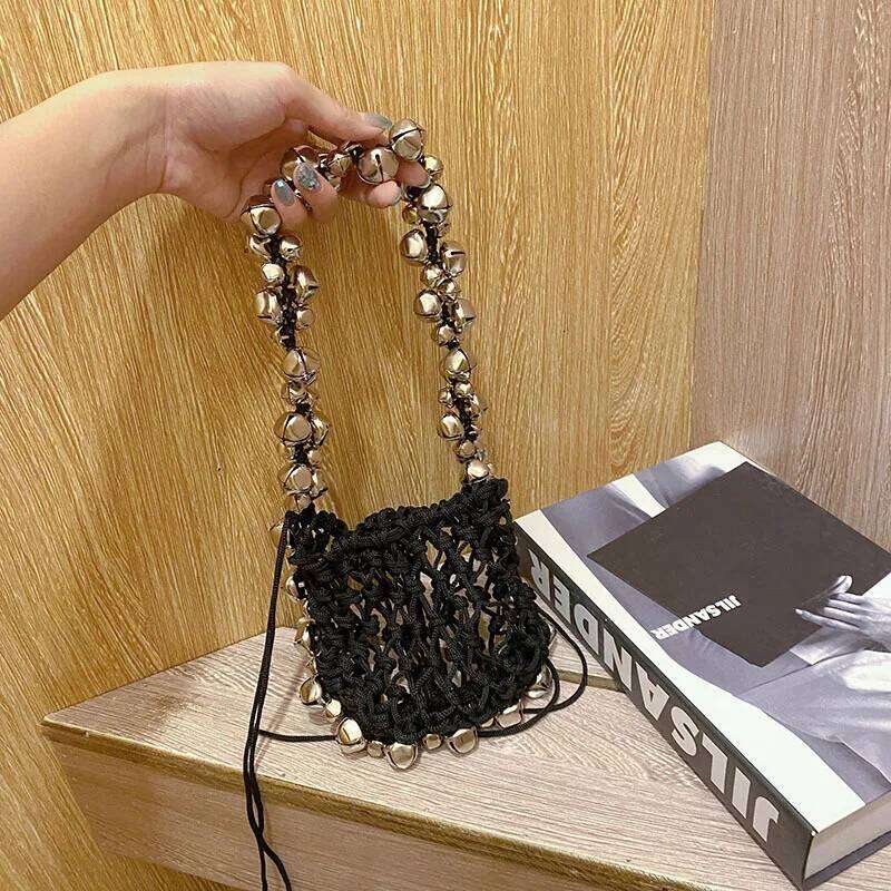 Women's Bags Designer Small Bell Shoulder Hollow Woven Bags For Women Rope Fishing Net Handbags And Purses Designer Drawstring Bag Flap NEW