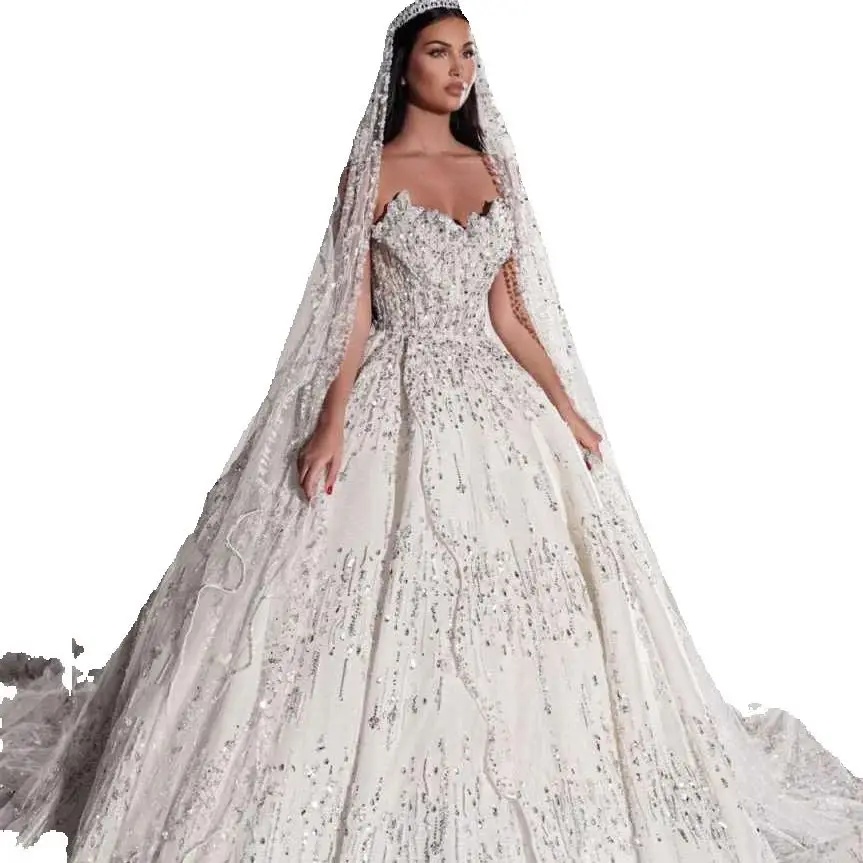 Luxurious Sweetheart Wedding Dress Ball Gown Elegant Sequined Lace Bridal Dress Customized Sleeveless vestidos de novia