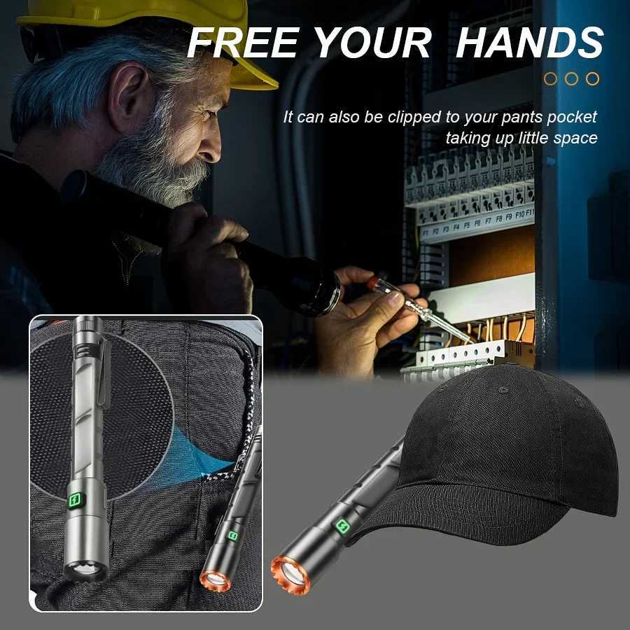 Powerful 2000LM Mini Flashlight USB Charging Zoom Flashlight with Clip Magnetic Pocket Torch for Camping Hiking Emergency LightXJ250529