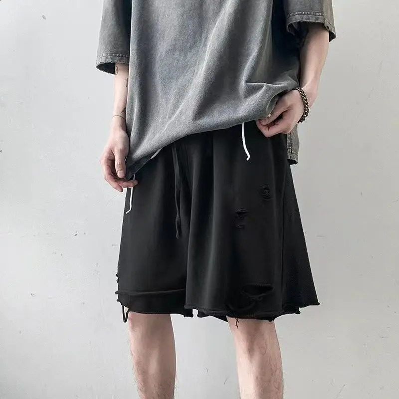High Street Ripped Shorts Mens Loose Korean Style Fashion Sports Pants Two-Piece Layered Five-Cubic Pants 250527