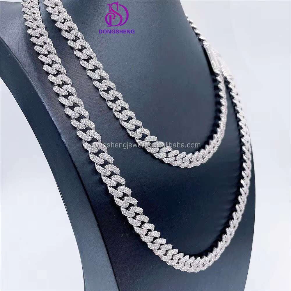 Iced Out Jewelry Cuban Link Chain 10mm S925 Silver Dual Rows Brillant Diamond Round Cut Clear Moissanite Cuban Necklace