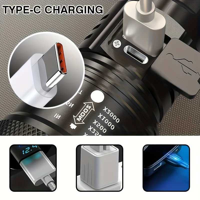 Powerful LED Flashlight Battery Display USB Rechargeable Light Telescopic Zoom Torch Lamp Outdoor Camping Fishing Lantern XJ250529