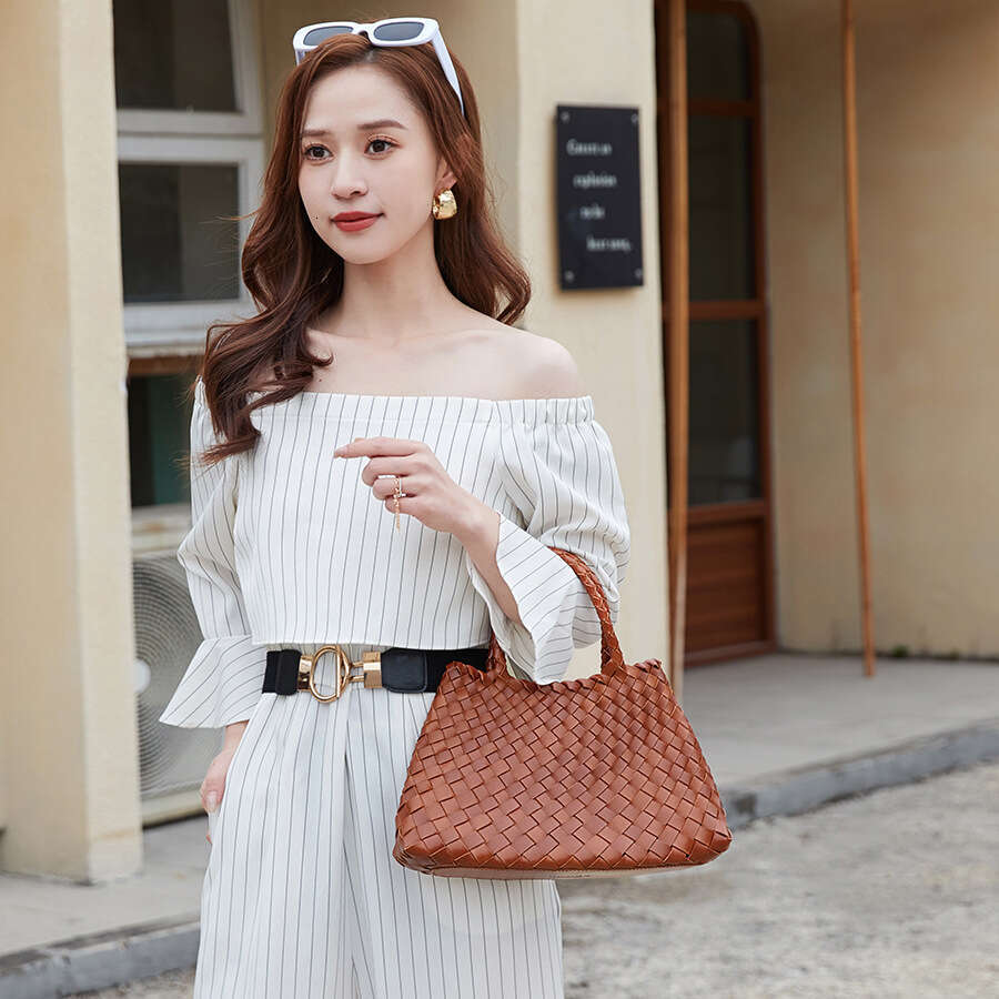 Tote Bag Braided Handbag Dragon Handwoven Basket Bag First Layer Cowhide French Genuine Leather Handbag Ins Style Shoulder Bag