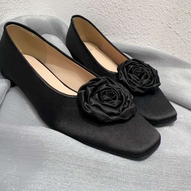 Korean Style Genuine Leather Satin Small Fragrance Camellia Flat Square Toe Shallow Mouth Single Shoes for Women Spring Summer Flower Loafers