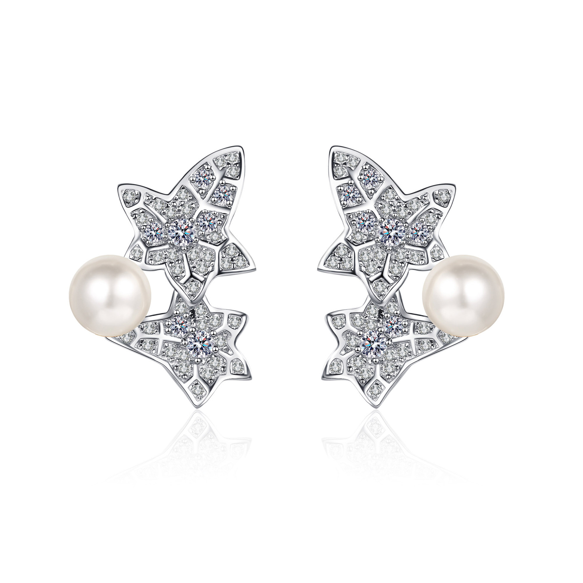 925 Sterling Silver Freshwater Pearl Floral Leaf Earrings with Flawless Moissanite Studs Popular Network Style Wholesale