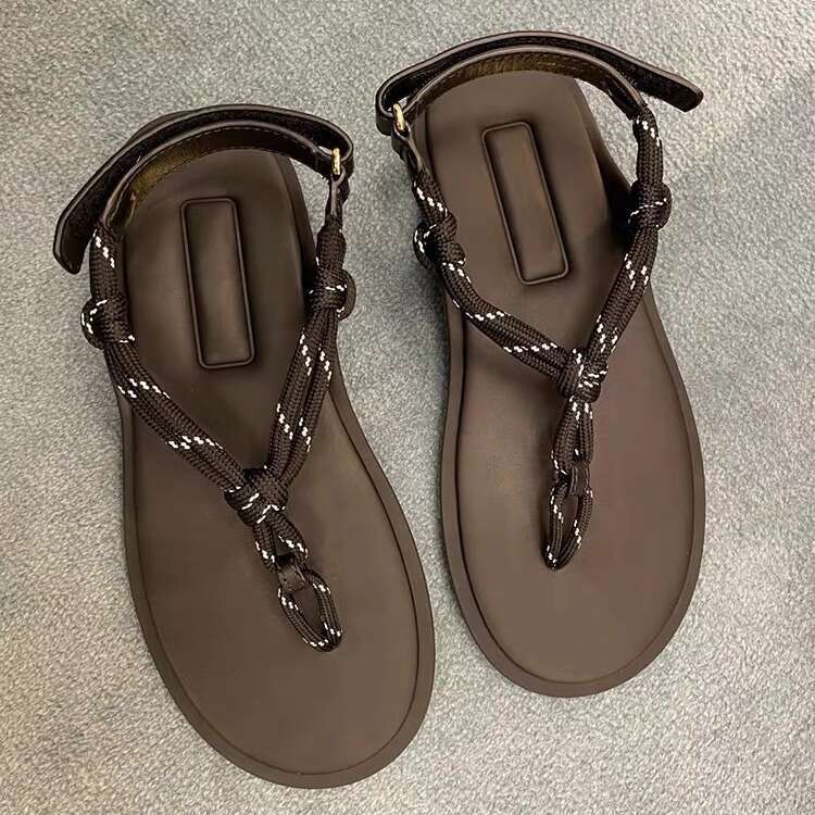 Genuine Leather Jute Rope Velcro Flat Round Toe Post for Women Outdoor Summer New Beach Roman Sandals