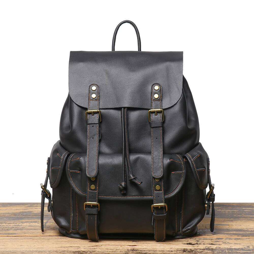 LUOKIR Vintage Genuine Leather Unisex Top Layer Cowhide Large Capacity Laptop Travel Backpack Paratrooper Bag