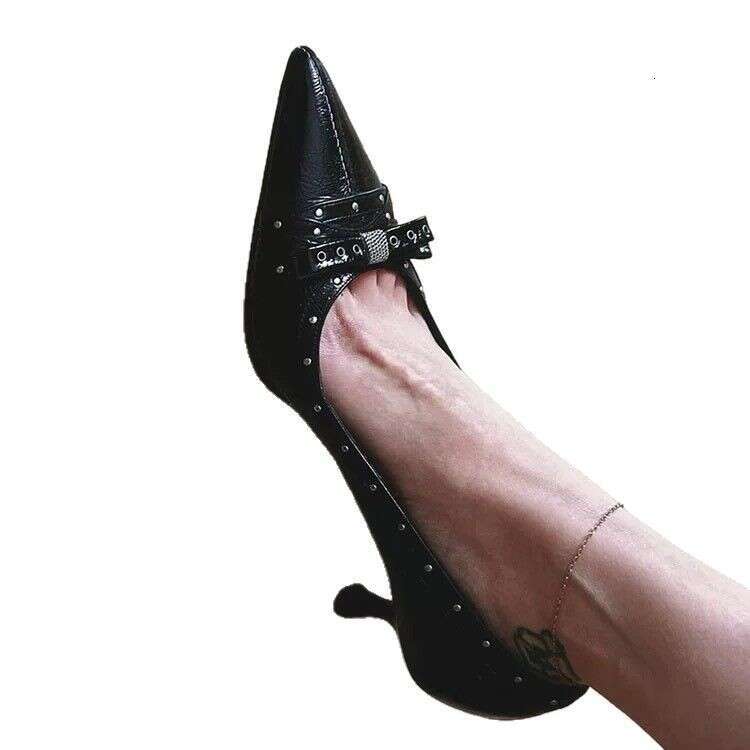 Genuine Leather French Rivet Bow Pointed Toe Shallow Mouth Stiletto Women 2025 New Spring Summer Elegant High Heels