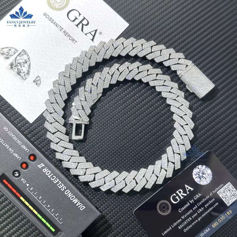 Hip Hop Jewelry 925 Sterling Silver Jewelry Cuban Moissanite Chain 15mm VVS Moissanite Cuban Chain Necklace for Men Women
