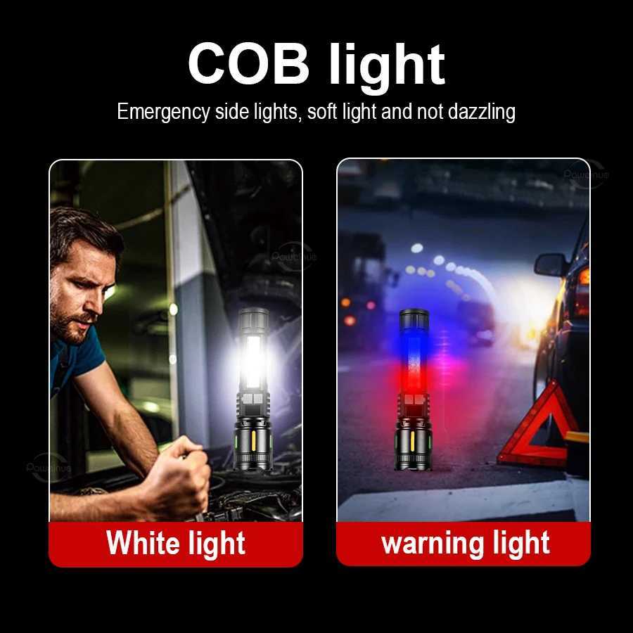 High Strong Power LED Flashlights with COB Light Ultra Bright USB Charging Tactical Torch Zoomable Outdoor Camping Fishing Lamps XJ250529