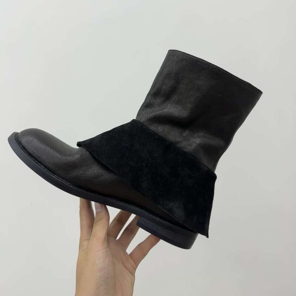 Genuine Leather Niche Design Upper Patchwork Chunky Round Toe Side Zipper Thick Heel Martin Women 2024 Autumn Winter Short Boots