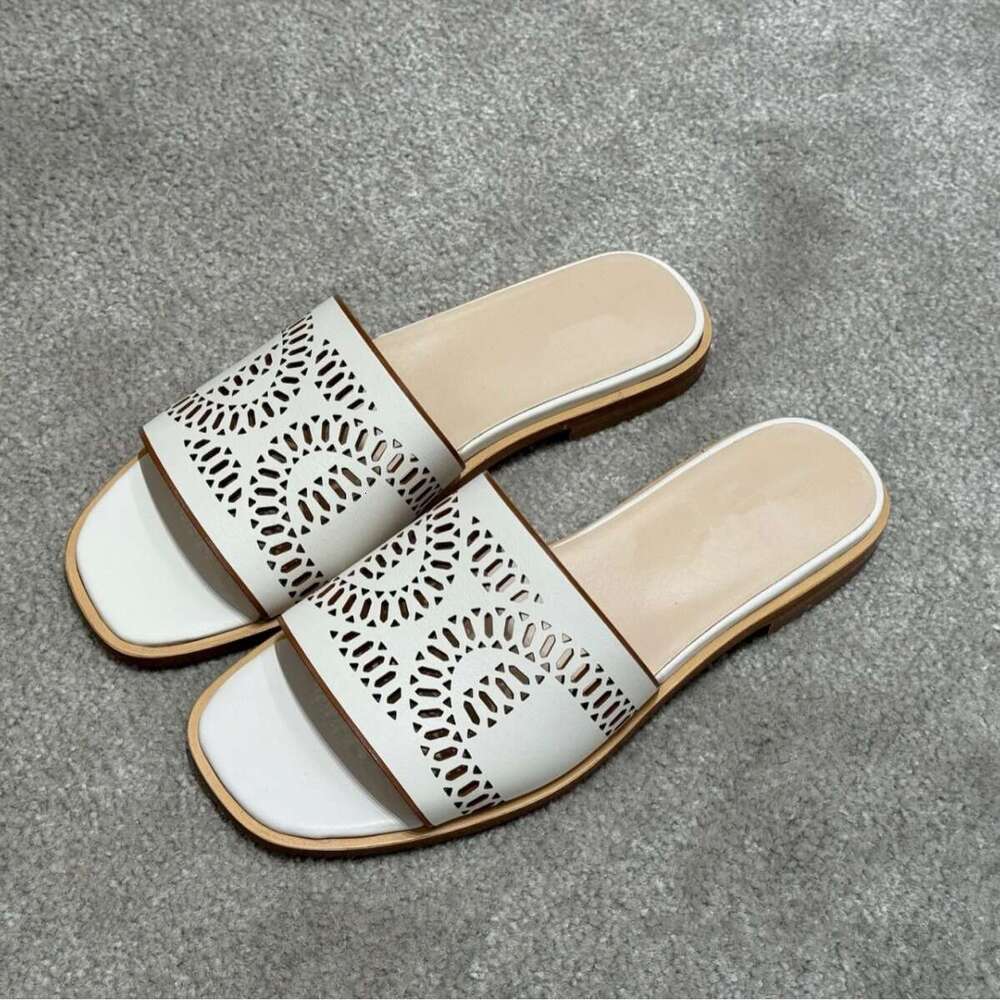 Genuine Leather Italian Laser Cut Hollow Carved Square Toe Flat Slippers for Women Outdoor Summer New Beach Sandals