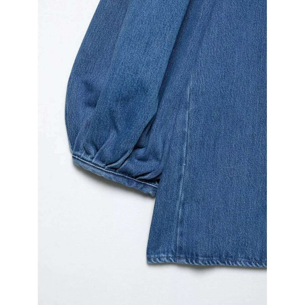 Zevity Women Fashion Turn Down Collar Breast Casual Denim Blouse Femme Pleated Half Sleeve Shirt Chic Chemise Blusas Tops LS9131