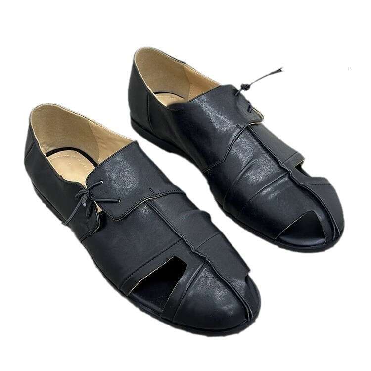 Genuine Leather Niche Design Round Toe Flat Deep Mouth Hollow Out Loafers Women Spring Autumn New Single Shoes