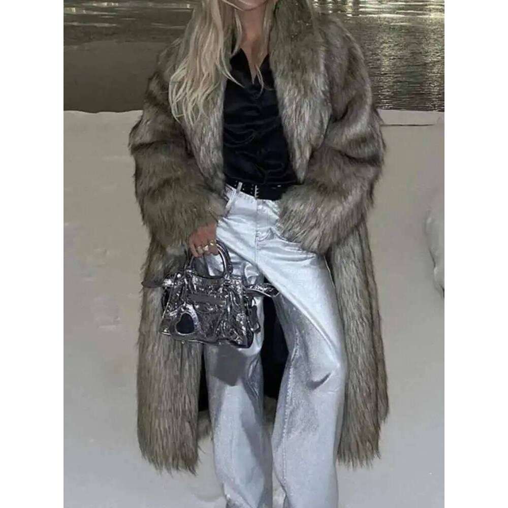 UCXQ Street Trend Outerwear European Style Lapel All Match Loose Casual Long Women's Faux Fox Fur Coat 2025 Autumn Winter 3C2946