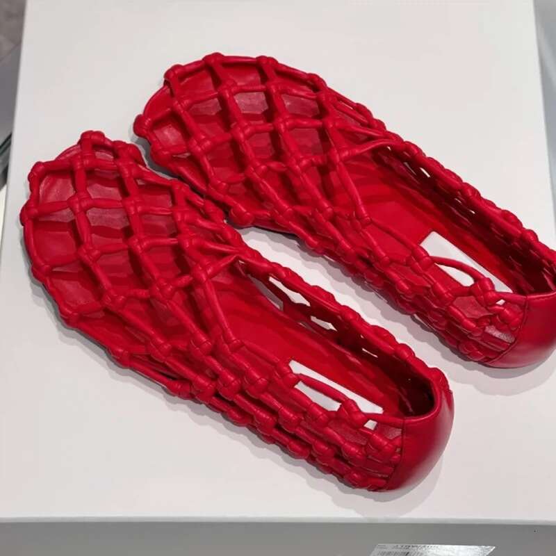 Cowhide Version ~ Niche Fishnet Woven Hollow Round Toe Flat Shoes for Women 2025 Spring Summer Ballet Sandals