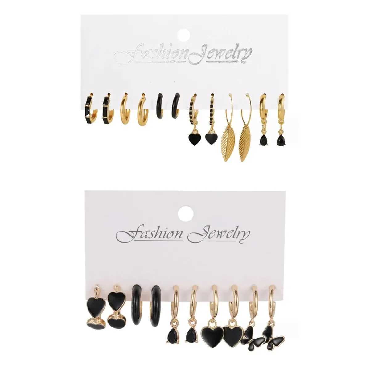 Simple 11 Pcs Black Heart Leaf Butterfly Earrings Set for Women Fashion Temperament Hoop Earring Holiday Wedding Jewelry Gift L250527