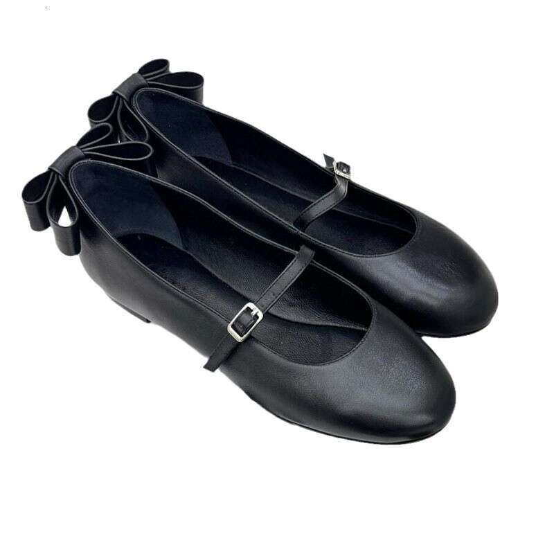 Genuine Leather French Style Back Bowknot Shallow Mouth One-Strap Mary Jane for Women Spring and Autumn New Ballet Flat Shoes