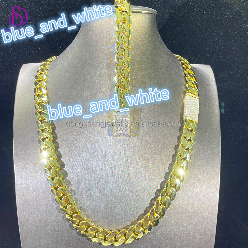 Hip Hop Real Gold Plated 14mm Width Necklace 925 Sterling Silver Fashion Jewelry Miami Vvs Moissanite Plain Cuban Link Bracelet