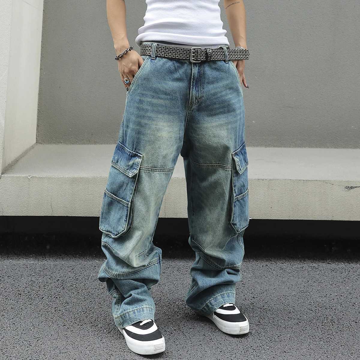Mens Baggy Denim Cargo Pants Multi-Pocket Wide-Leg Jeans Vintage Washed Loose Fit Strtwear StyleC250528