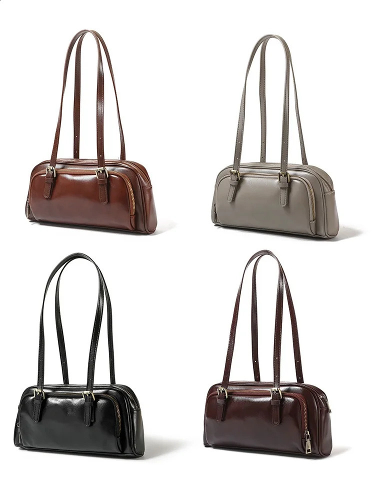 Genuine Leather Underarm retro baguette bag for women Shoulder Bag First layer cow leather handbag crossbody bowling 250528