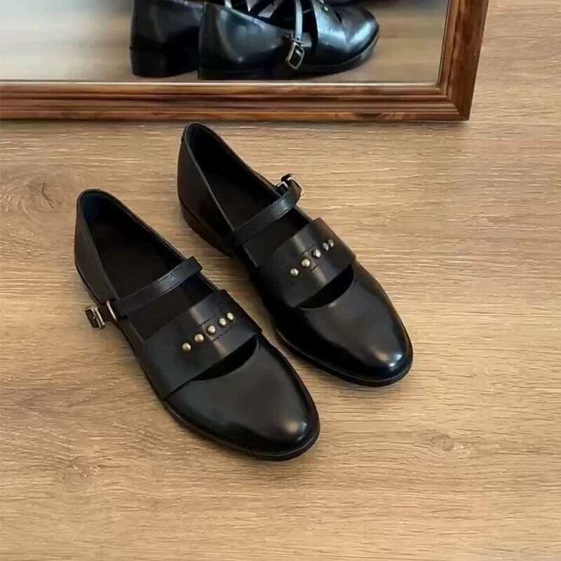 Genuine Leather British Style Studded Hollow Loafers Women 2025 Spring Chunky Heel Mary Jane Shoes