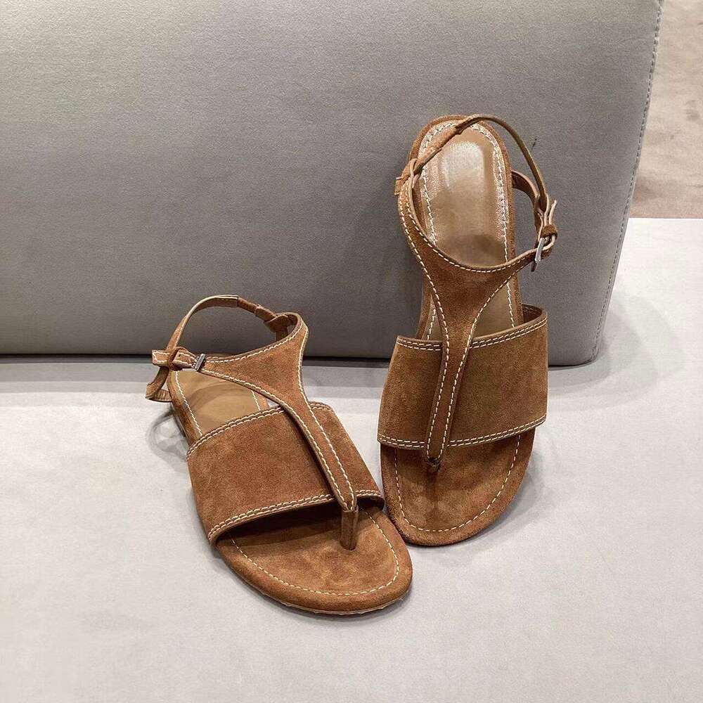 2024 New Summer Suede Toe Post Flat Roman Sandals for Women Genuine Leather Versatile Back Strap Slippers
