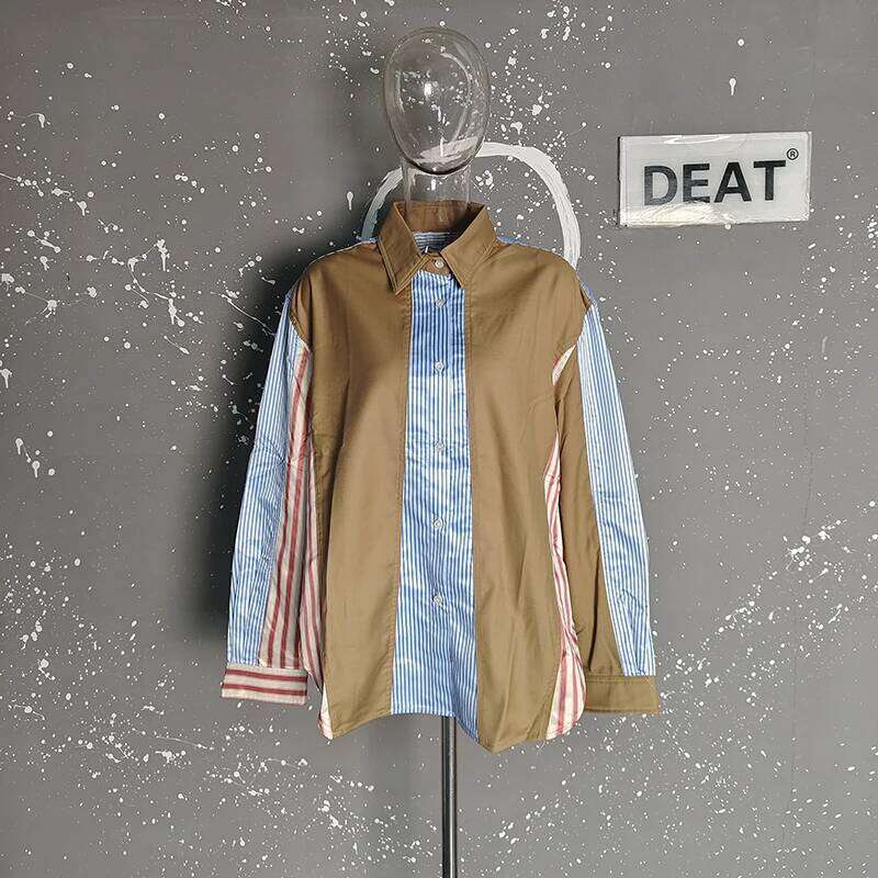 Women's Wear DEAT Fashion Irregular Contrast Color Striped Shirt Women's Lapel Loose Single Braested Long Sleeve Blouse New Tide 7Ab8930