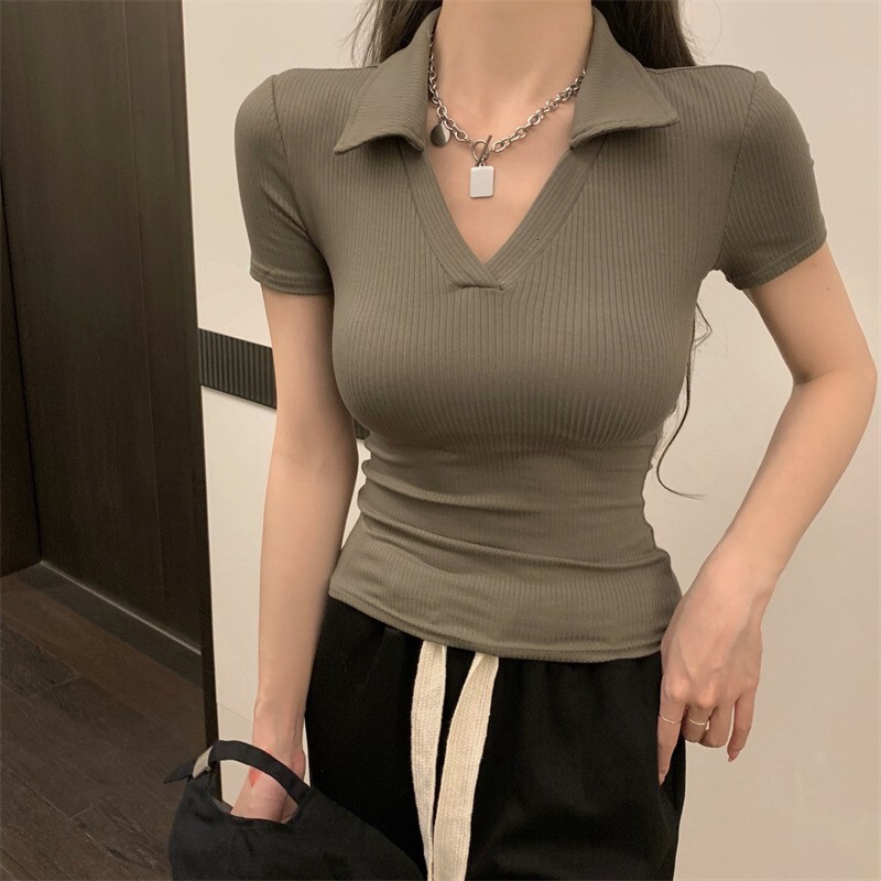 Designer Clothing Polo Collar Short Sleeved Summer Women's Clothing New Sexy Slim Fit Short Sleeved Top 2025 New Shirt Designer