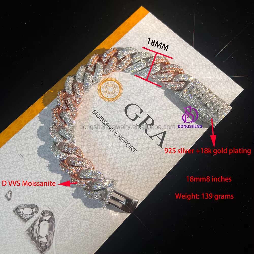 Moissanite Bracelet Two Tone Plated Raised 925 Silver 18mm Moissanite Cuban Chain Gift Ideas for Fine Hip Hop Jewelry