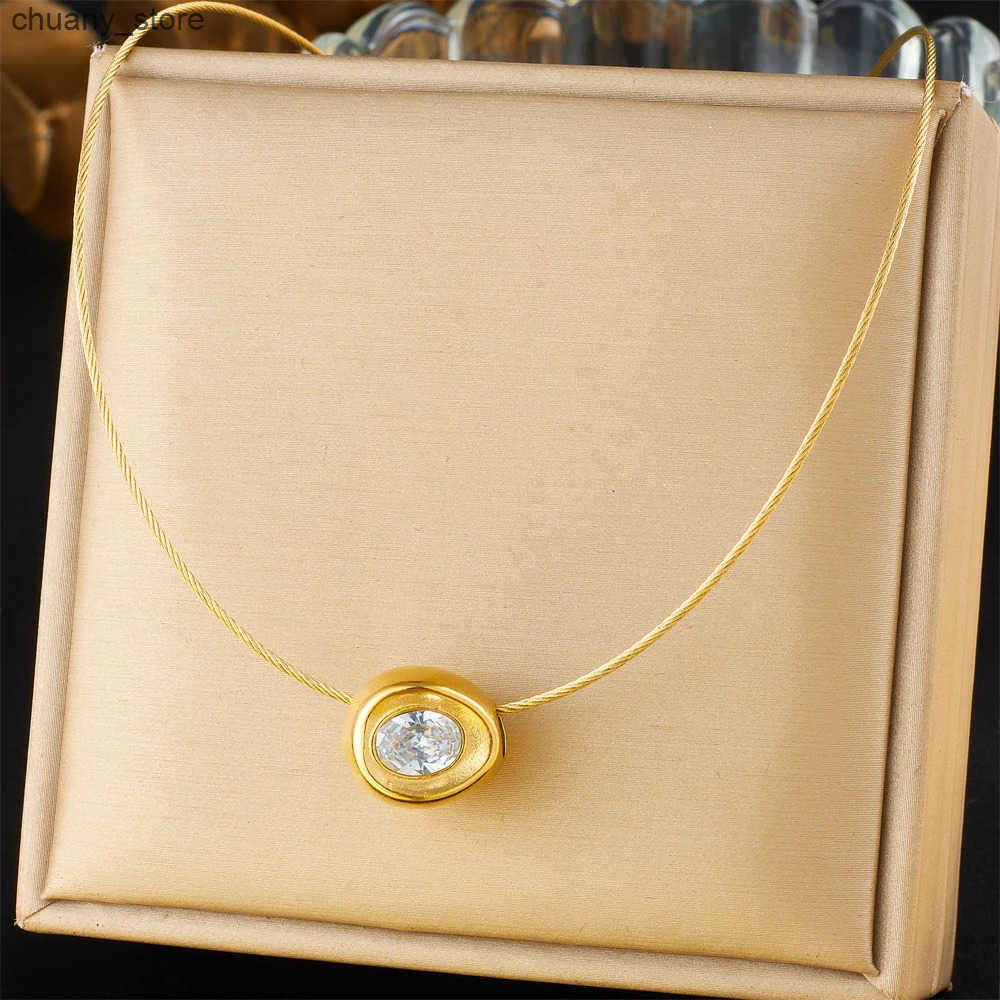 DIEYURO 316L Stainless Steel Golden Hollow Ellipse Zircon Pendant Wire Necklace For Women Classic Trend Neck Chain Holiday Gift z250530HBIE