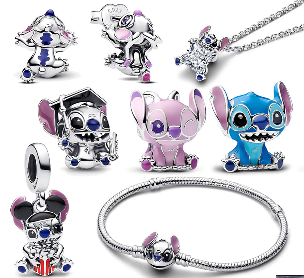 Pan New S925 Silver Bracelet Snake Bone Chain Stitch New Beaded Necklace Earrings Beads Cute