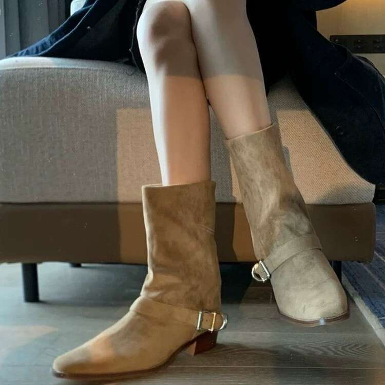 Genuine Leather Suede Square Toe Chunky Heel Western Cowboy Martin for Women Autumn Winter New Belt Buckle Mid-Calf Boots