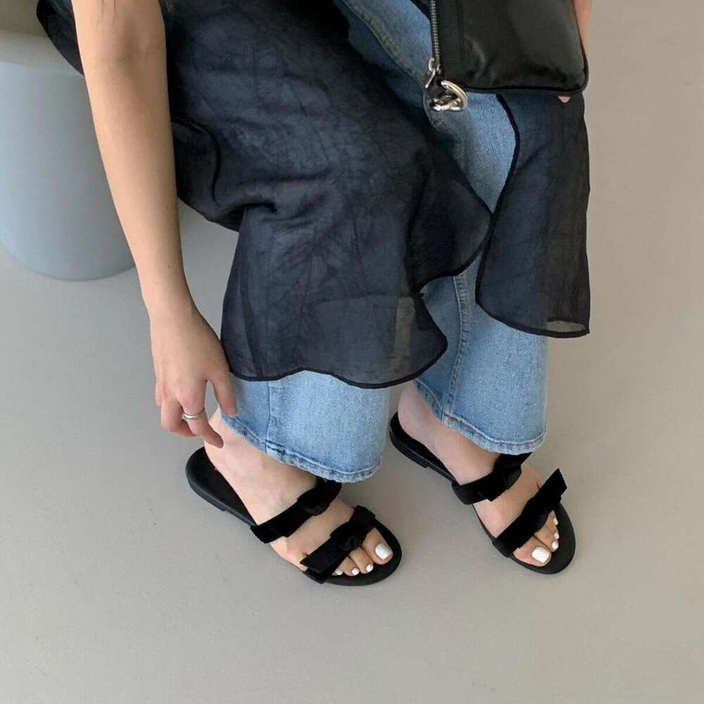 Genuine Leather Velvet Bowknot One-Strap Flat Sandals for Women Summer Beach Outdoor Open-Toe Round-Toe Half Mules