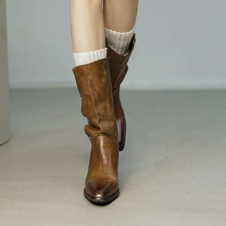British Style High-End Niche Turn-Down Collar Two-Way Western Cowboy for Women, Autumn and Winter Thick Heel Mid-Calf Riding Boots