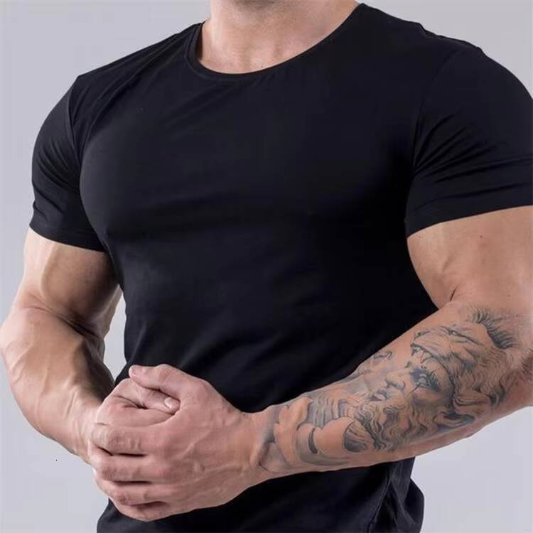 Men's 100% Cotton Summer Sports T-Shirt Slim Fit Short Sleeve Elastic Neck Breathable Thin Muscle Gym Shirt Dyed Solid Color
