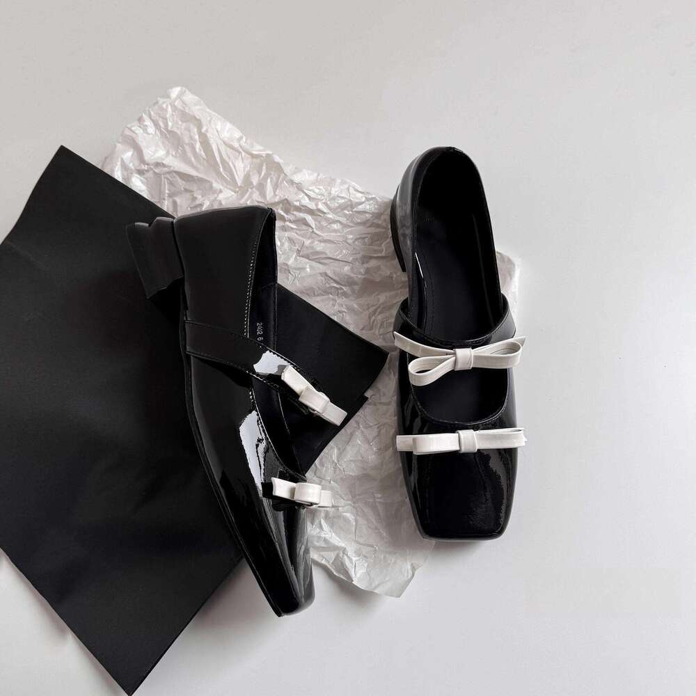 Korean Style Genuine Square Toe Shallow Mouth Double Bow Mary Jane for Women 2025 Spring Chunky Heel Loafers Small Leather Shoes