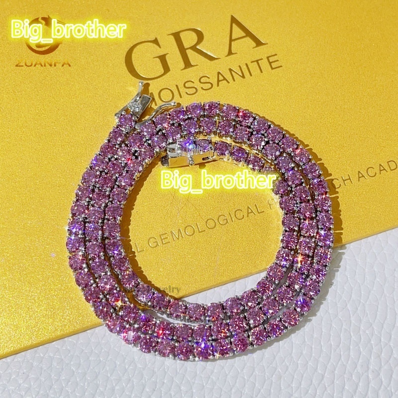 Custom Made Pass Diamond Tester Sterling Silver White Gold 3MM 4MM Pink Moissanite Tennis Chain