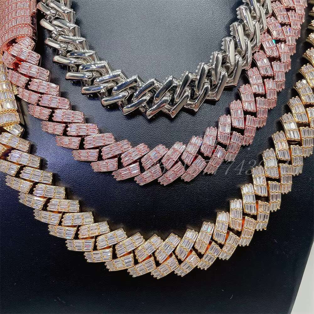 baguette Moissanite Silver Hip Hop Cuban Link 18mm Vvs High Quality baguette Diamond Hip Hop Jewelry Cuban Link Chain