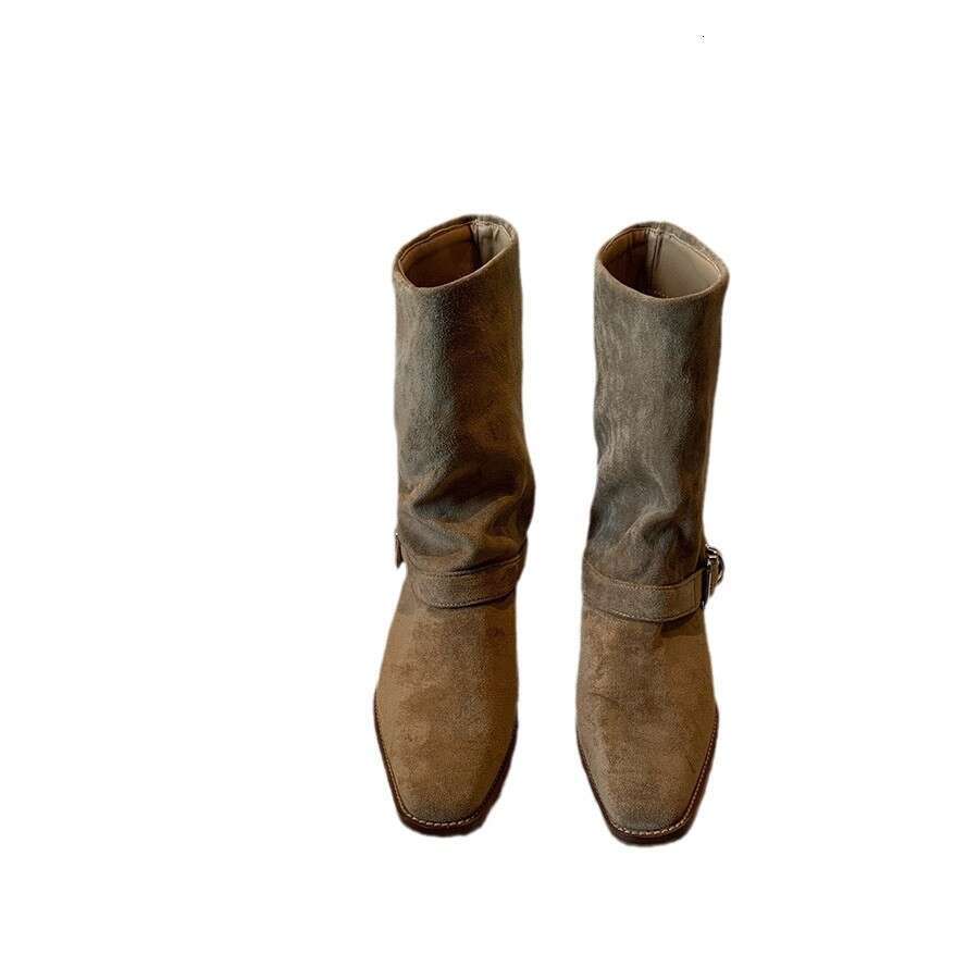 Genuine Leather Suede Square Toe Chunky Heel Western Cowboy Martin for Women Autumn Winter New Belt Buckle Mid-Calf Boots