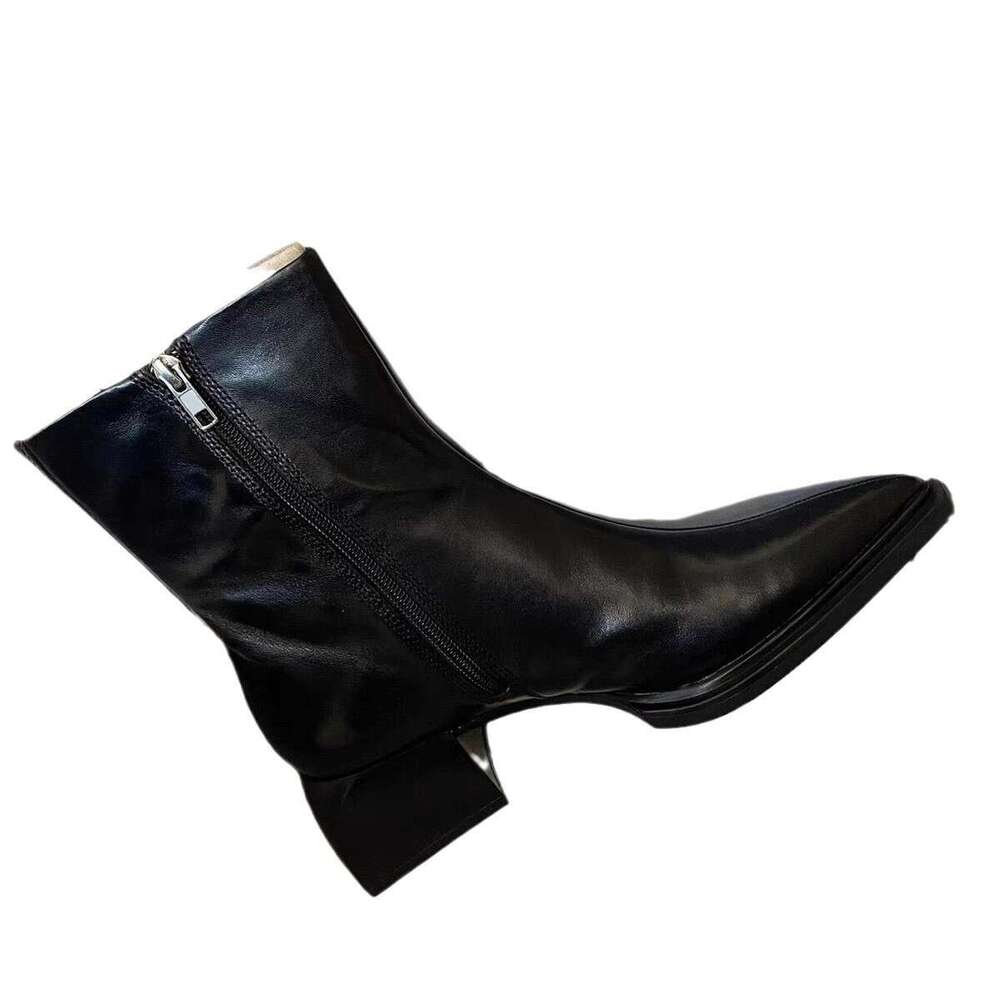British Style High-End Pointed Toe Chunky Heel Slim Short Martin Women 2024 New Side Zipper Mid-Calf Boots