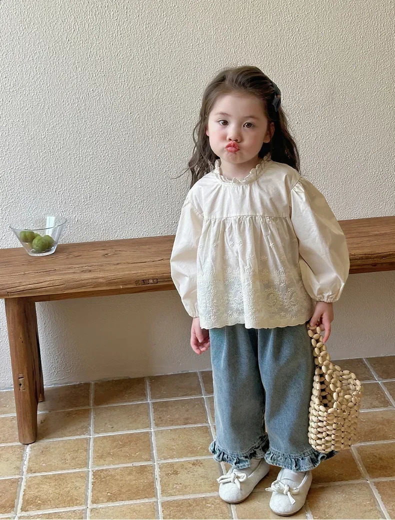 Kids Jeans Girls 2024 Spring Autumn Childrens Fashion Casual Wide-leg Pants Lace Princess Sweet and Lovely 250526