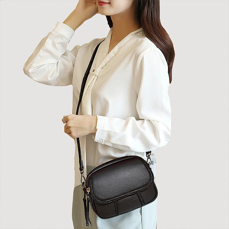 Solid color simple small square bag genuine leather multilayer zipper single shoulder crossbody bag 250528