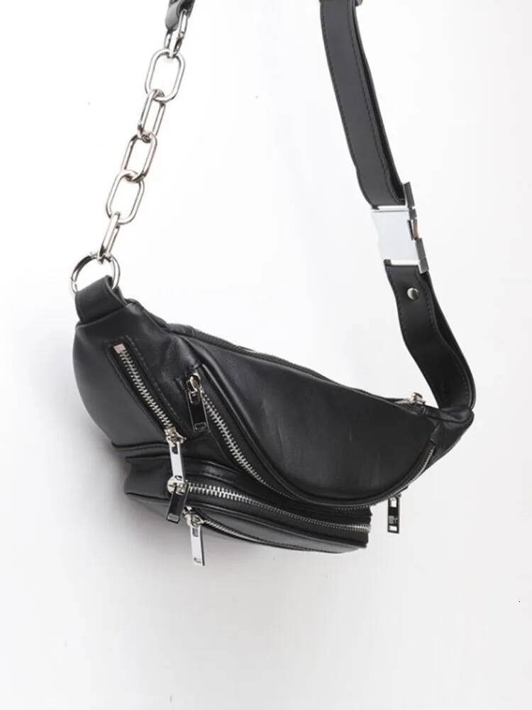High Street Women Genuine Chest Casual Multi Pocket Waist Bags Fashion Cow Leather Sheepskin Chain Shoulder Bag Flap