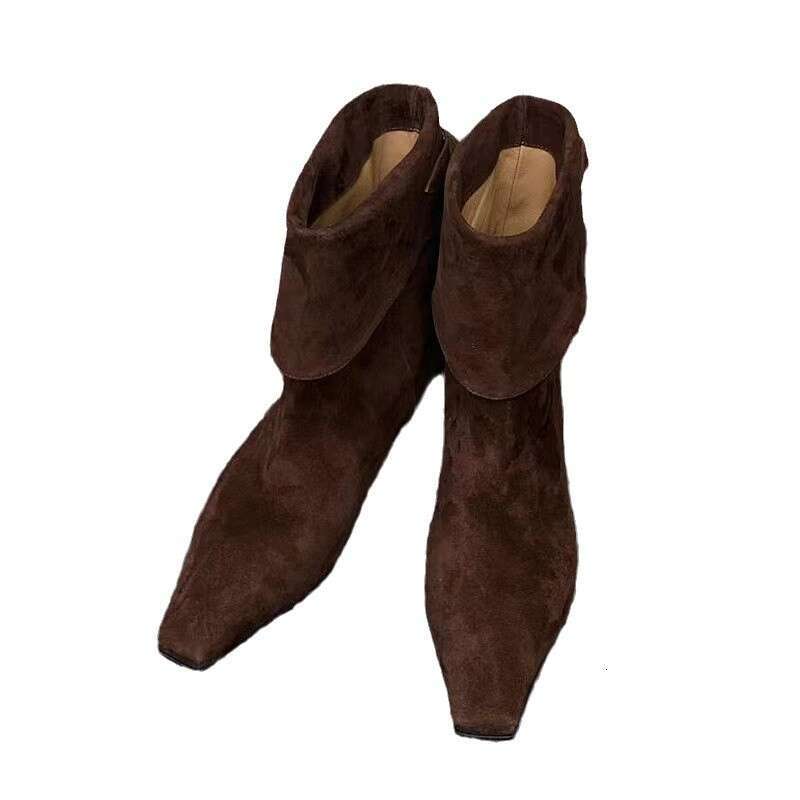 Korean Style Niche Folded Chelsea Slim Short for Women Autumn Winter Fleece Lined Flat Small Square Toe Western Cowboy Boots