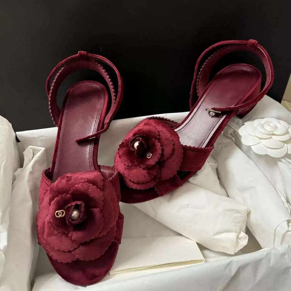 Genuine Leather Velvet Small Fragrance Camellia Strap Sandals for Women 2025 Spring Summer New Thick Heel Round Toe Slippers